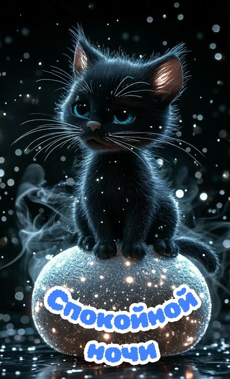Открытка «Доброй ночи»: Спокойной ночи: черный котенок под звездным небом. Тэги: Спокойной ночи, Спокойной ночи…