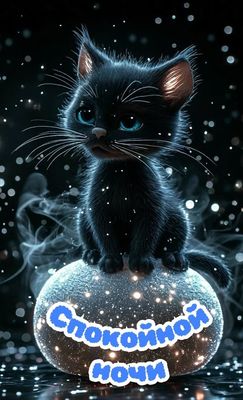 Открытка «Доброй ночи»: Спокойной ночи: черный котенок под звездным небом. Тэги: Спокойной ночи, Спокойной ночи…
