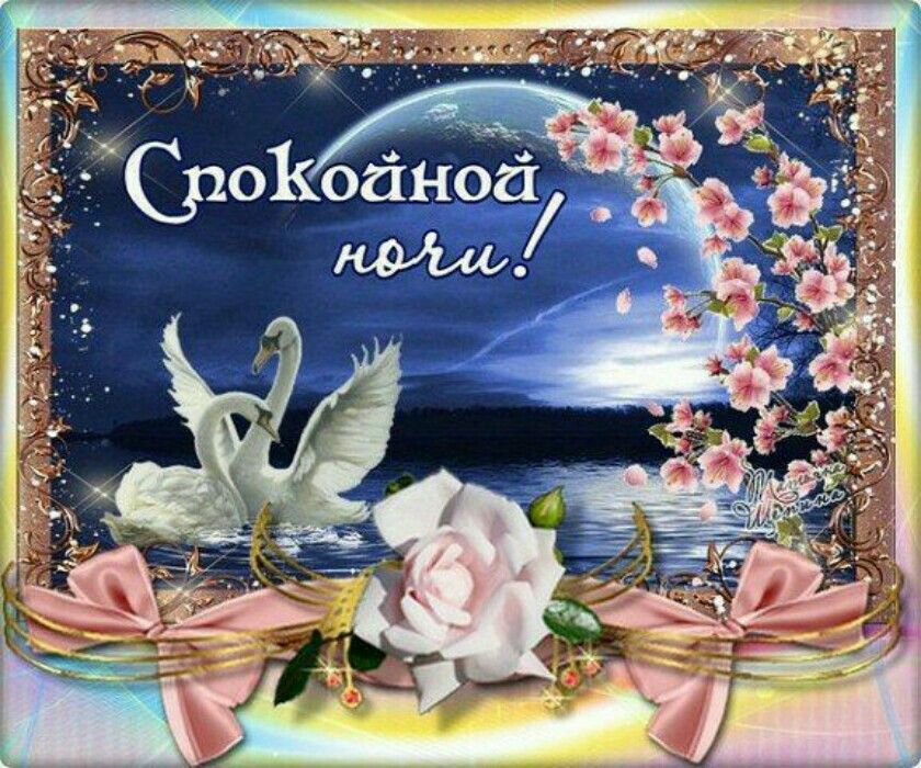 Открытка «Доброй ночи»: Открытка спокойной ночи с лебедями и цветами. Тэги: Спокойной ночи, ночной, Спокойной ночи…