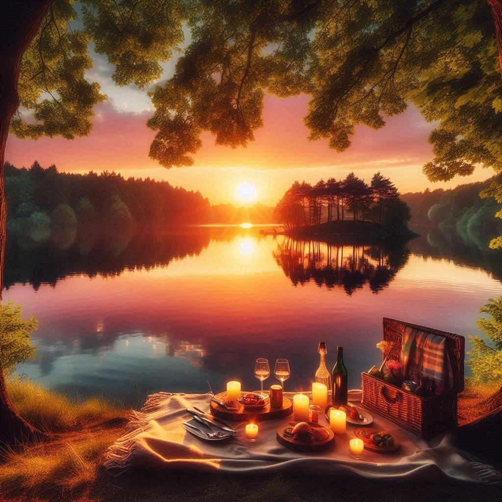 Открытка «Добрый вечер и пожелания»: Добрый вечер: Романтический пикник у озера на закате. Тэги: Добрый вечер красивые…