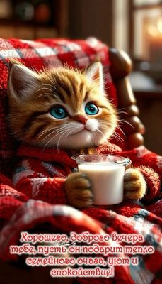 Открытка «Добрый вечер и пожелания»: Добрый вечер: уютный рыжий котик с молоком. Тэги: Добрый вечер красивые, Приколь…