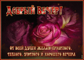 Открытка «Пожелание»: Добрый вечер! Теплое пожелание и красивые розы. Тэги: настроение, радость, хороший, теплый…
