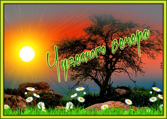 Открытка «Добрый вечер и пожелания»: Добрый вечер: «Чудесного вечера» на фоне заката. Тэги: Добрый позитивный вечер…