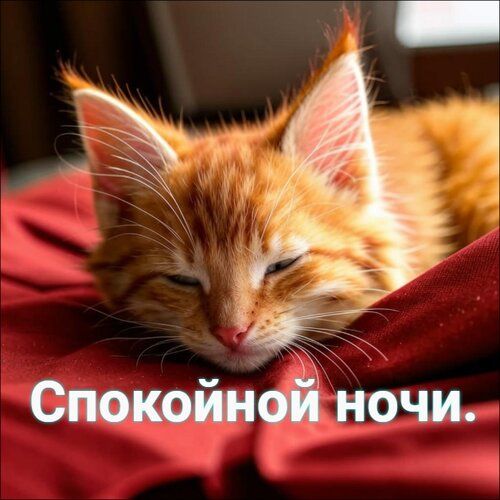 Открытка «Доброй ночи»: Доброй ночи: рыжий котенок желает сладких снов. Тэги: Спокойной ночи, пожелание, кот, милый…