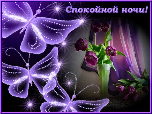 Открытка «Доброй ночи»: Спокойной ночи: фиолетовые бабочки и тюльпаны. Тэги: Спокойной ночи, Спокойной ночи, красивые…