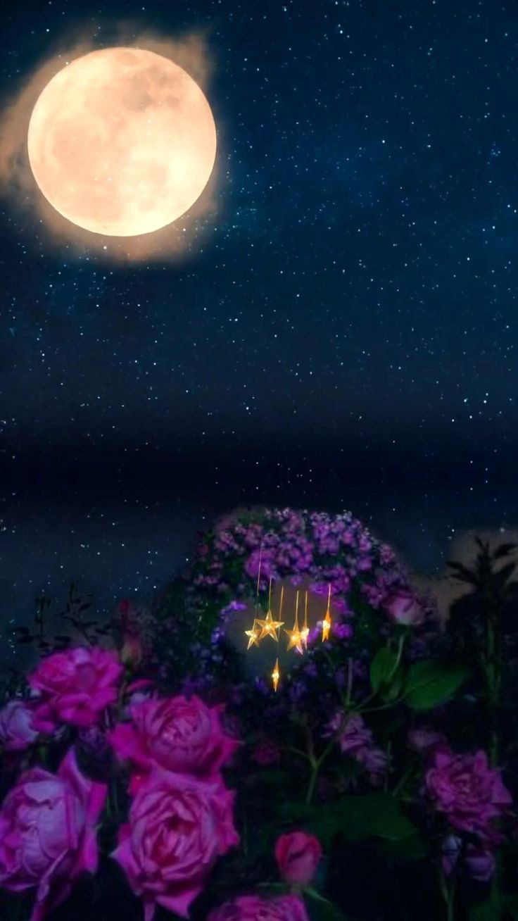 Открытка «Доброй ночи»: Спокойной ночи: «Лунный свет и нежные розы». Тэги: Спокойной ночи, Спокойной ночи, красивые…