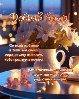 Открытка «Добрый вечер и пожелания»: Добрый вечер! Красивая открытка с цветами и свечами. Тэги: Добрый вечер, с цвета…