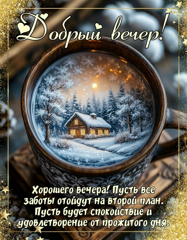 Открытка «Добрый вечер и пожелания»: Добрый вечер: зимний уют в чашке для настроения. Тэги: Добрый зимний вечер…