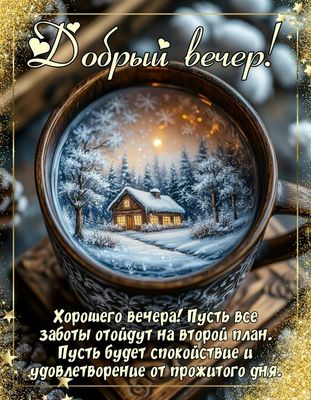 Открытка «Добрый вечер и пожелания»: Добрый вечер: зимний уют в чашке для настроения. Тэги: Добрый зимний вечер…