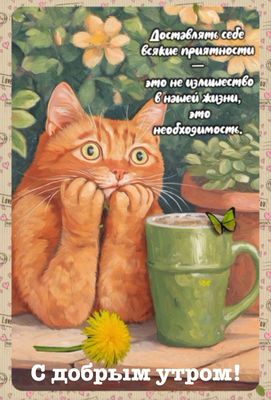Открытка «С добрым утром»: С добрым утром! Кот, кофе и важные приятности. Тэги: кот, животное, пожелание, утро, кофе…