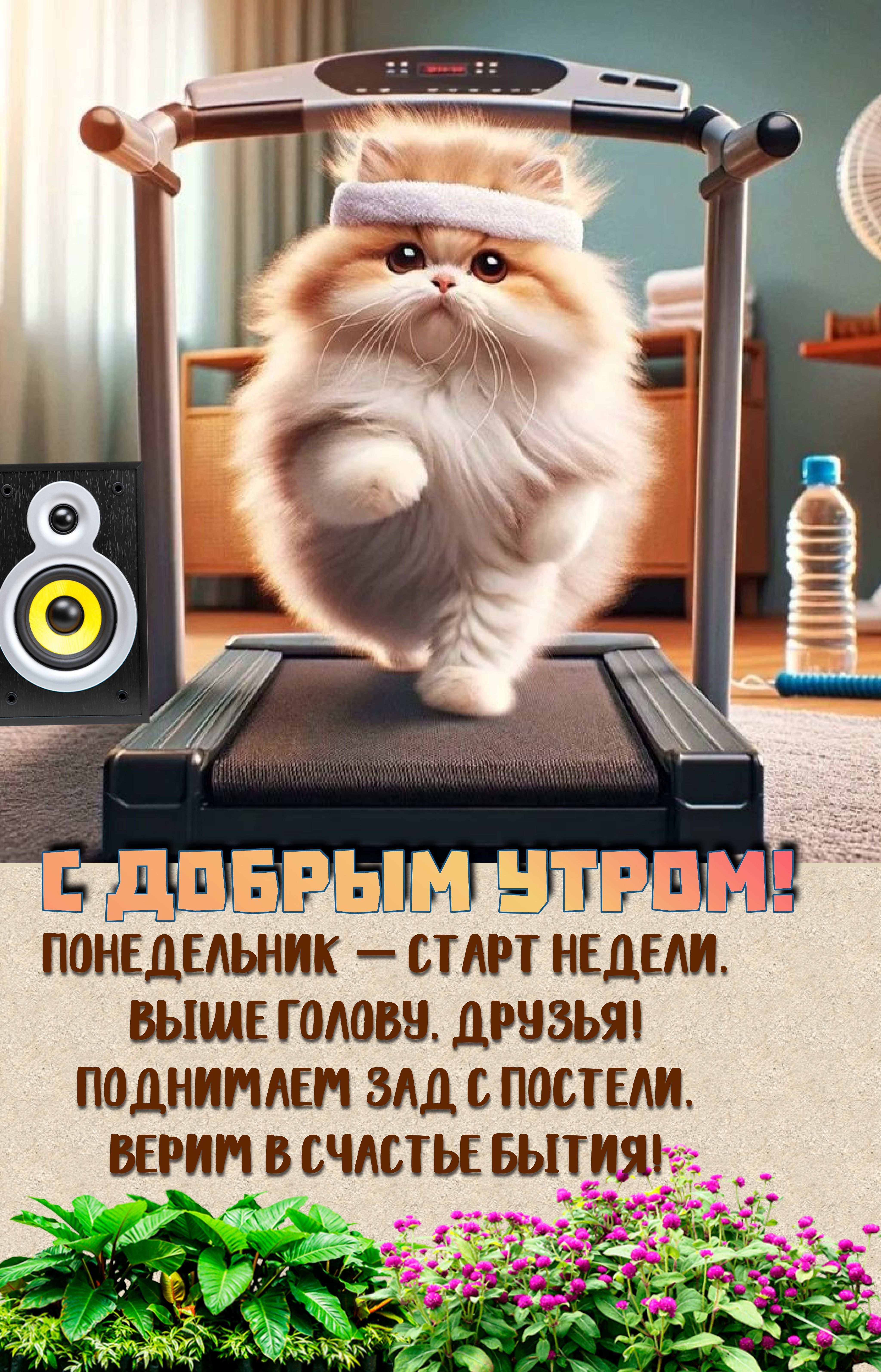 Открытка «С добрым утром»: С добрым утром! Начинаем неделю с энергией кота. Тэги: кот, животное, пожелание, позитивная…