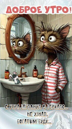 Открытка «С добрым утром»: Доброе утро: зеркало покажет, кто богатым будет!. Тэги: кот, животное, пожелание, позитивн…
