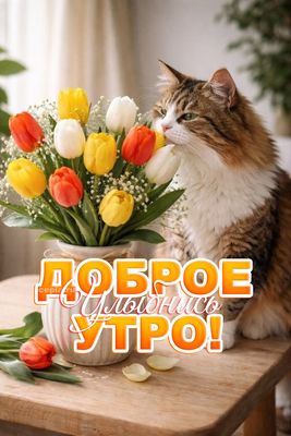 Открытка «С добрым утром»: Доброе утро с милым котом и тюльпанами. Тэги: кот, животное, пожелание, позитивная, отличн…