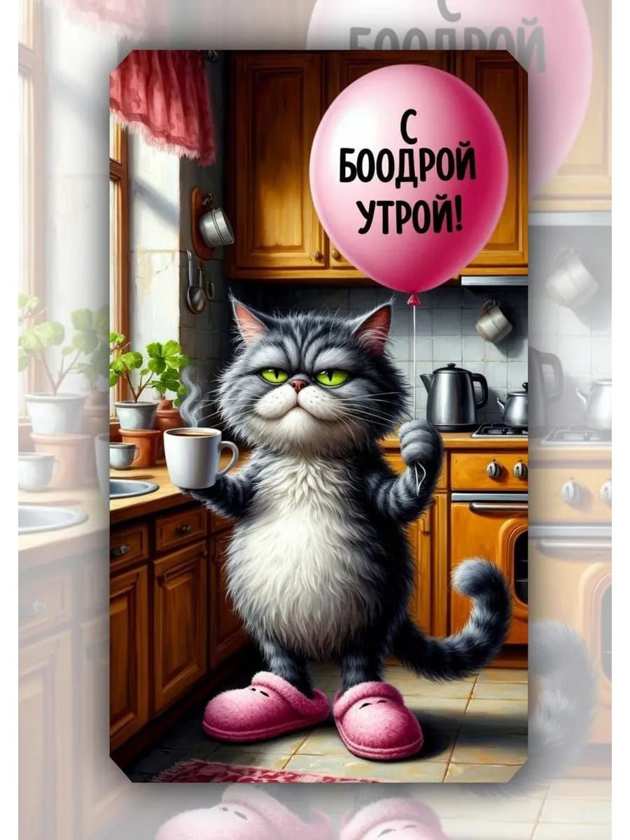 Открытка «С добрым утром»: Пушистое бодрое утро с чашечкой кофе. Тэги: хорошего дня, кот, животное, пожелание, позити…