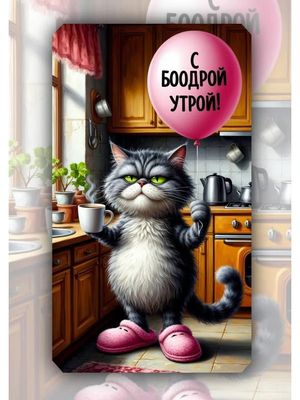 Открытка «С добрым утром»: Пушистое бодрое утро с чашечкой кофе. Тэги: хорошего дня, кот, животное, пожелание, позити…