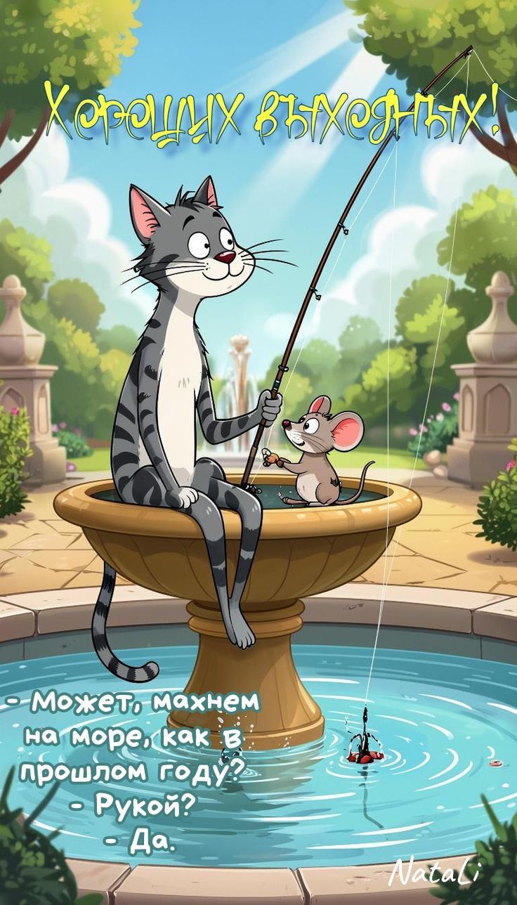 Открытка «С добрым утром»: С добрым утром! Отличных выходных с друзьями. Тэги: хорошего дня, кот, животное, пожелание…