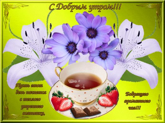 Открытка «С добрым утром»: С Добрым Утром! Чай, цветы и теплое солнышко. Тэги: пожелание, позитивная, красивая, цветок…
