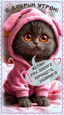 Открытка «С добрым утром»: С добрым утром! Милый котик желает мурчащего дня. Тэги: хорошего дня, кот, животное…