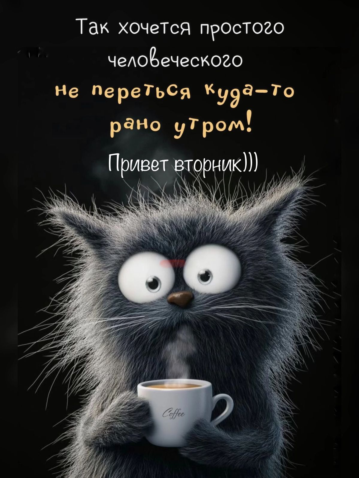 Открытка «С добрым утром»: С добрым утром: вторник, кот и кофе. Тэги: хорошего дня, кот, животное, пожелание, позитив…