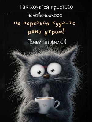 Открытка «С добрым утром»: С добрым утром: вторник, кот и кофе. Тэги: хорошего дня, кот, животное, пожелание, позитив…