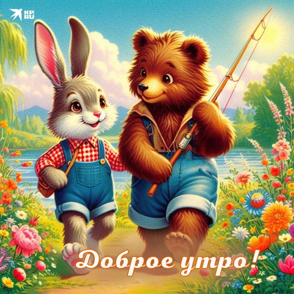 Открытка «С добрым утром»: Доброе утро! Зайка и Мишка спешат на рыбалку. Тэги: С добрым, летним утром, С добрым утром…