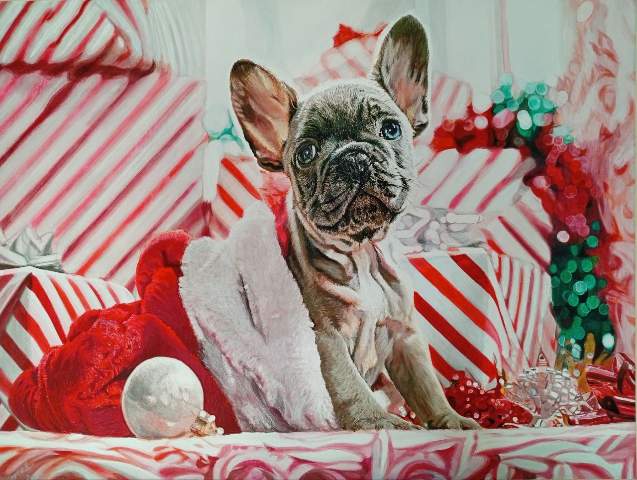 Открытка «С добрым утром»: С добрым утром! Милый щенок и новогодние подарки. Тэги: хорошего дня, животное, пожелание…