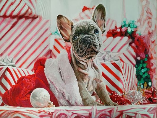 Открытка «С добрым утром»: С добрым утром! Милый щенок и новогодние подарки. Тэги: хорошего дня, животное, пожелание…