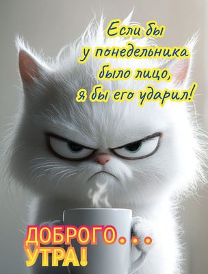 Открытка «С добрым утром»: С добрым утром: грозный кот и вечный понедельник!. Тэги: кот, животное, пожелание, позитив…