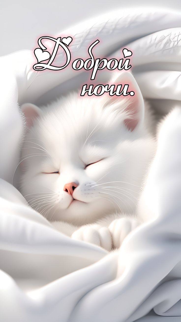 Открытка «Доброй ночи»: Спокойной ночи: милый белый котик в одеяле. Тэги: Спокойной ночи, Спокойной ночи, с пожелания…