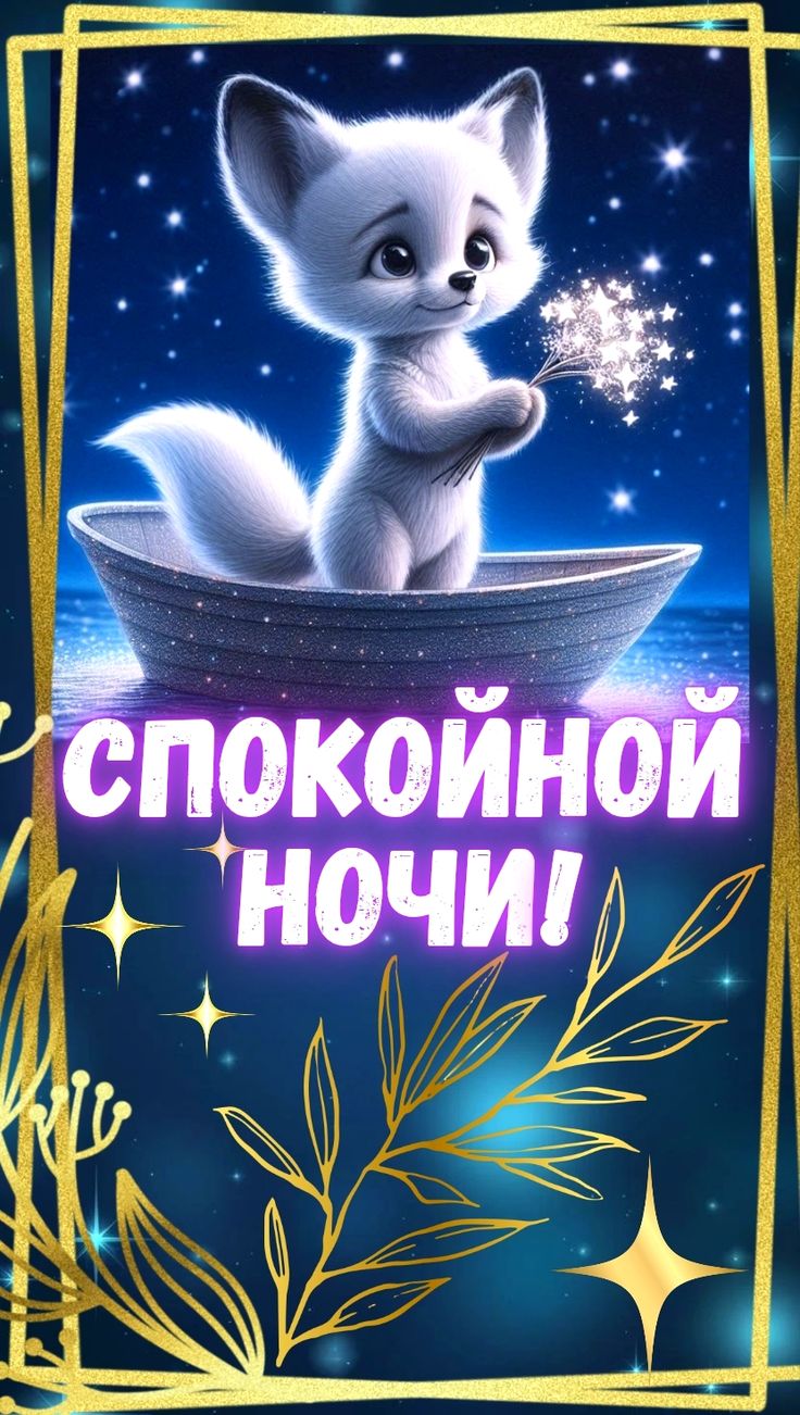 Открытка «Доброй ночи»: Спокойной ночи: милый пушистик в лодке под небом. Тэги: Спокойной ночи, Спокойной ночи…