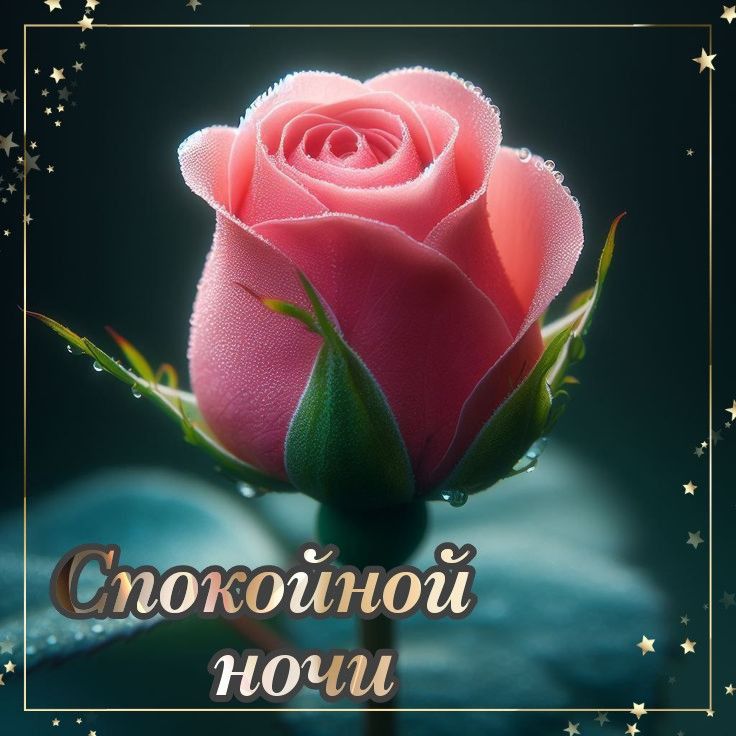 Открытка «Доброй ночи»: Спокойной ночи: Нежная розовая роза в каплях росы. Тэги: Спокойной ночи, любимая женщина…