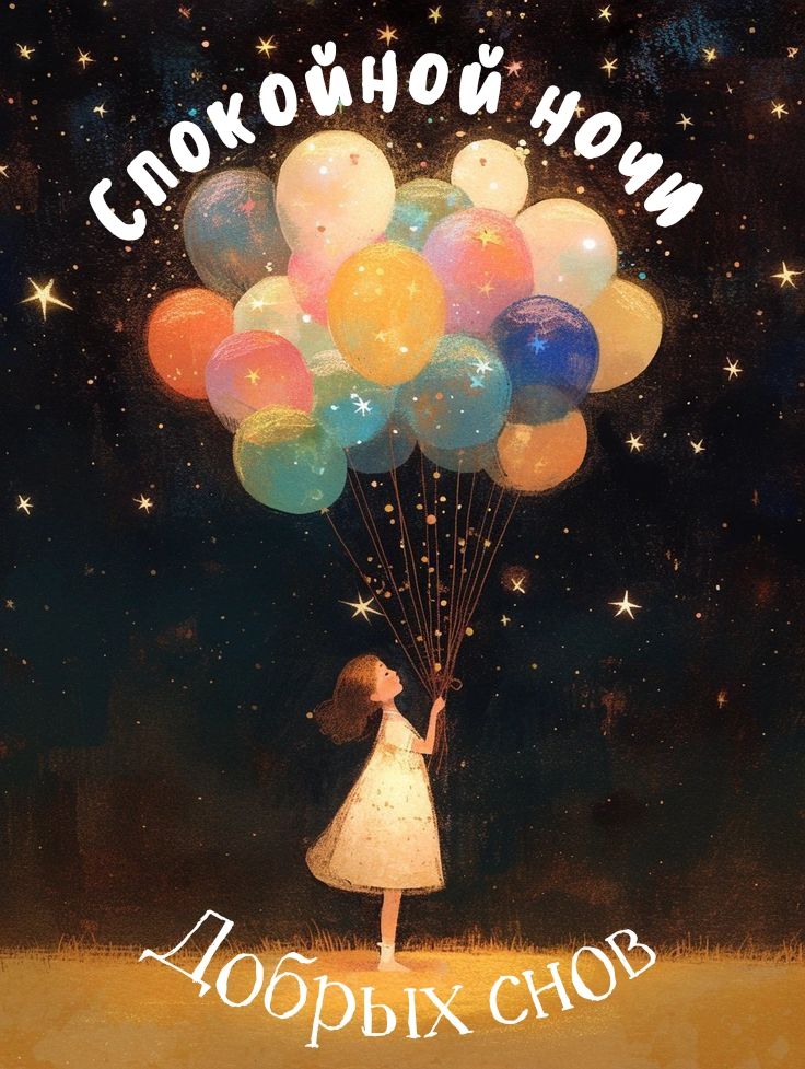 Открытка «Доброй ночи»: Доброй ночи: Волшебная открытка с девочкой и шарами. Тэги: Спокойной ночи, Спокойной ночи…