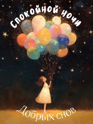 Открытка «Доброй ночи»: Доброй ночи: Волшебная открытка с девочкой и шарами. Тэги: Спокойной ночи, Спокойной ночи…