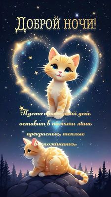 Открытка «Доброй ночи»: Доброй ночи: «Звездное пожелание» с милыми котами. Тэги: Спокойной ночи, Спокойной ночи…
