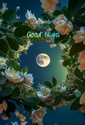 Открытка «Доброй ночи»: Спокойной ночи: Луна в обрамлении цветов. Тэги: Спокойной ночи, Спокойной ночи, красивые…