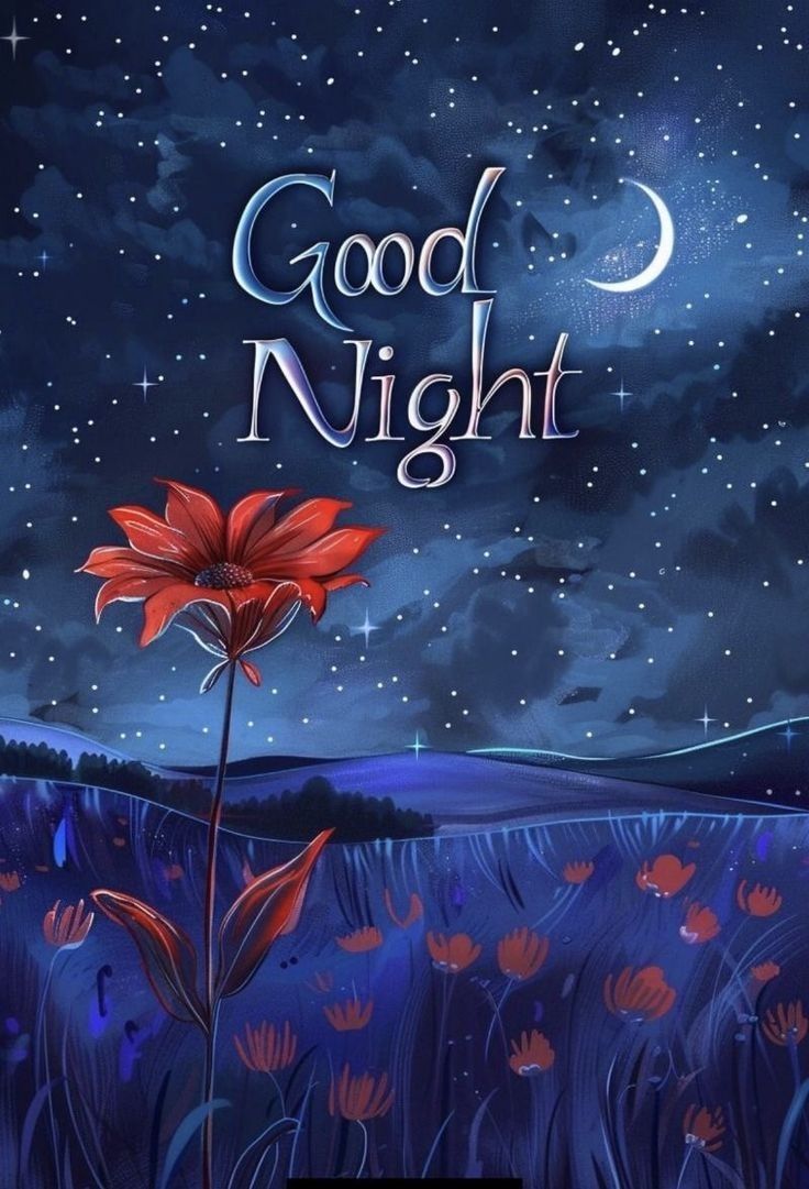 Открытка «Доброй ночи»: Спокойной ночи: Волшебный цветок под звездным небом. Тэги: Спокойной ночи, Спокойной ночи…