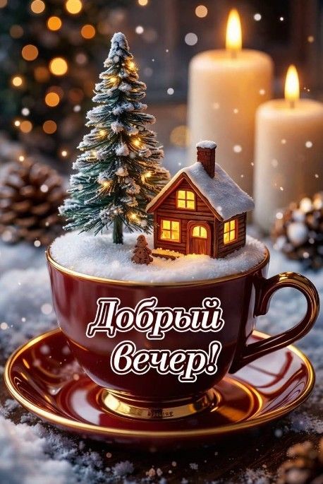Открытка «Добрый вечер и пожелания»: Добрый вечер: зимняя сказка в чашке кофе. Тэги: Добрый зимний вечер, Добрый вече…