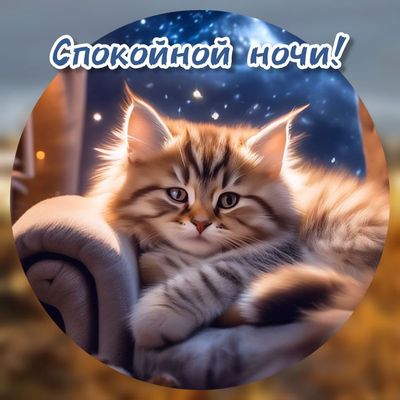 Открытка «Доброй ночи»: Спокойной ночи: милый пушистый кот под звездами. Тэги: Спокойной ночи, Спокойной ночи, с поже…