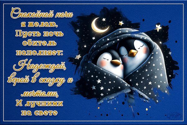 Открытка «Доброй ночи»: Спокойной ночи и доброй ночи: Милые пингвины в пледе. Тэги: Спокойной ночи, Спокойной ночи…
