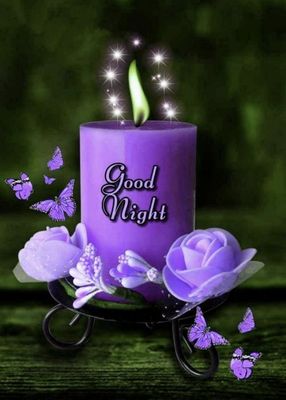 Открытка «Доброй ночи»: Спокойной ночи: фиолетовая свеча и нежные бабочки. Тэги: Спокойной ночи, Спокойной ночи…