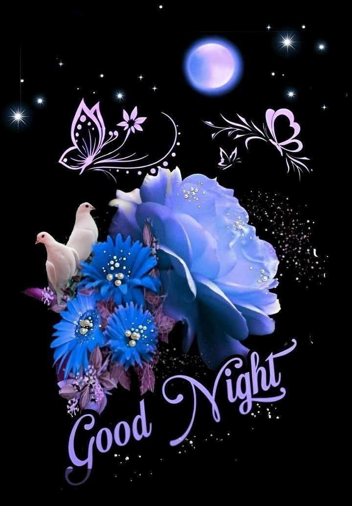 Открытка «Доброй ночи»: Спокойной ночи: открытка с синей розой и бабочками. Тэги: Спокойной ночи, Спокойной ночи…