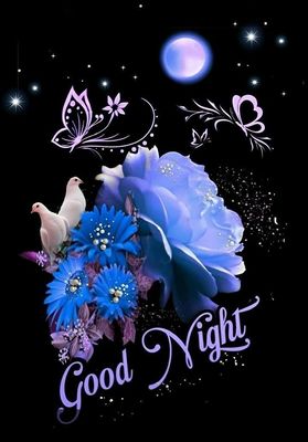 Открытка «Доброй ночи»: Спокойной ночи: открытка с синей розой и бабочками. Тэги: Спокойной ночи, Спокойной ночи…