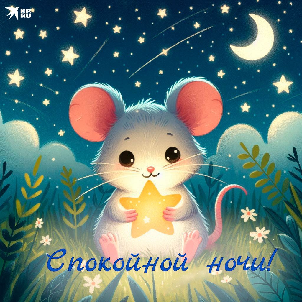 Открытка «Доброй ночи»: Доброй ночи: «Мышонок со звездой» под открытым небом. Тэги: Спокойной ночи, Спокойной ночи…