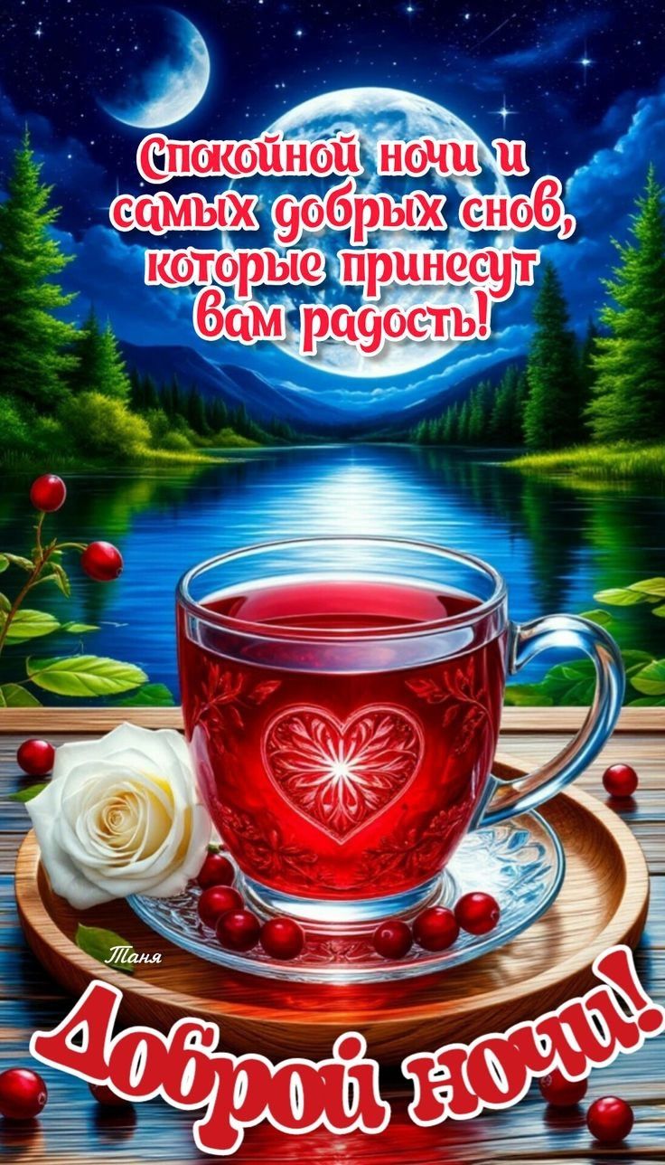 Открытка «Доброй ночи»: Спокойной ночи: доброе пожелание и сказочный пейзаж. Тэги: Спокойной ночи, Спокойной ночи…