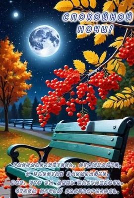Открытка «Доброй ночи»: Спокойной ночи: Красивая открытка с рябиной и луной. Тэги: Спокойной ночи, Спокойной ночи…