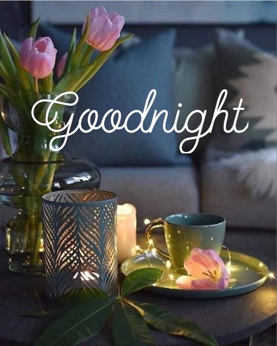 Открытка «Доброй ночи»: Открытка доброй ночи с тюльпанами и чашкой чая. Тэги: Спокойной ночи, Спокойной ночи, красивые…