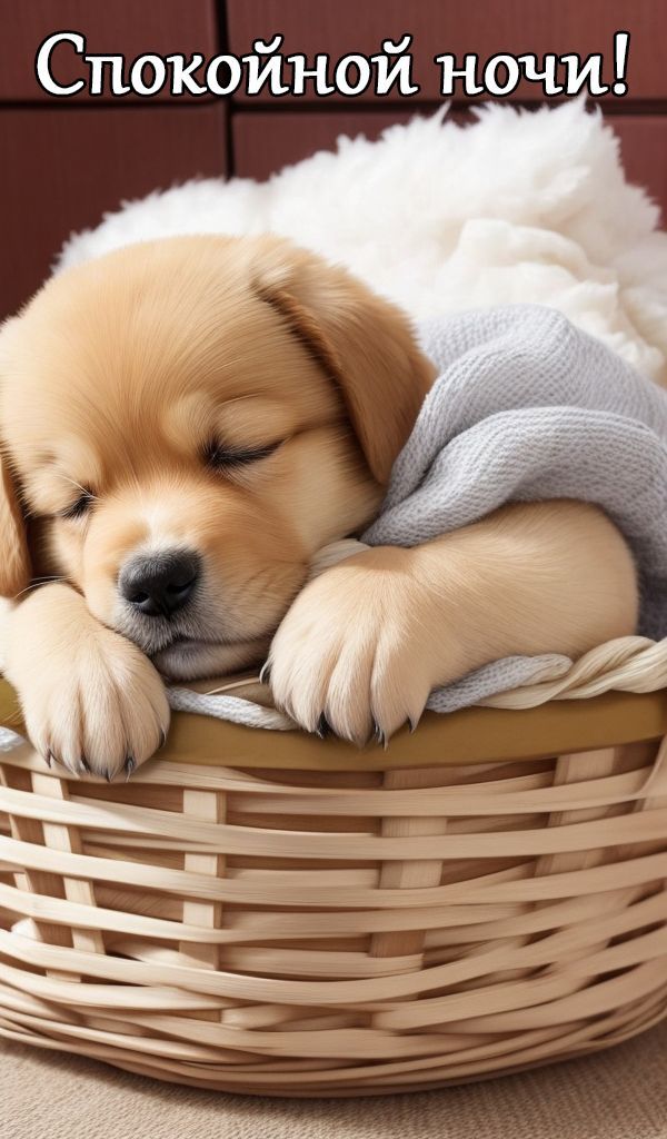 Открытка «Доброй ночи»: Спокойной ночи: Милый щенок в корзинке. Тэги: Спокойной ночи, Спокойной ночи, с пожеланиями…