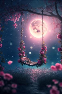 Открытка «Спокойной ночи»: Спокойной ночи: «Романтичные качели под полной луной». Тэги: Спокойной ночи, красивые…