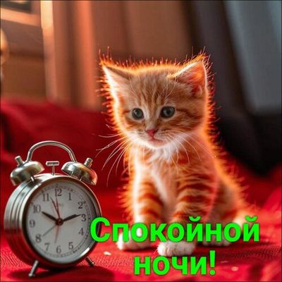 Открытка «Доброй ночи»: Спокойной ночи: Рыжий котенок и будильник. Тэги: Спокойной ночи, Спокойной ночи, красивые…