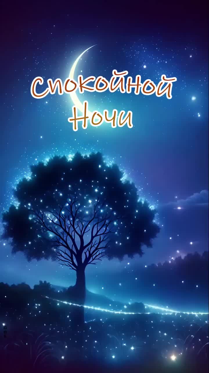 Открытка «Доброй ночи»: Спокойной ночи: магическое сияющее дерево и луна.